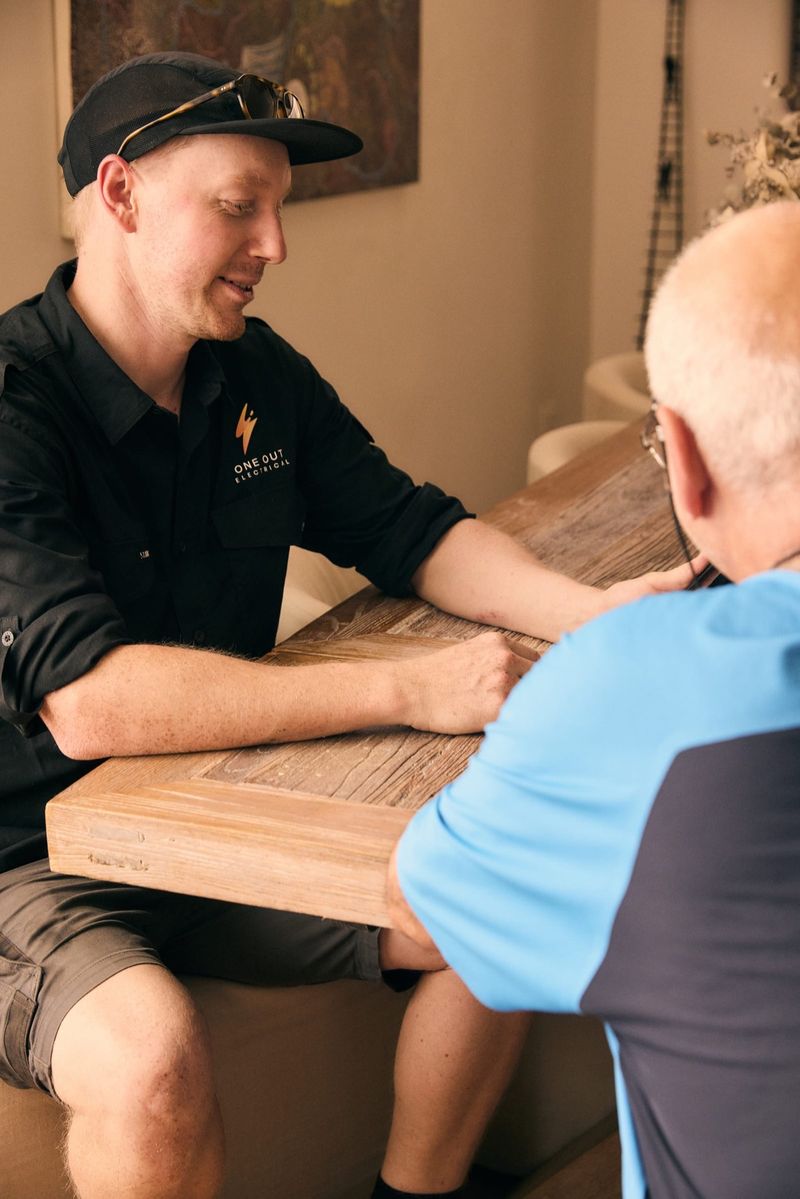 One Out Electrical electrician discussing a residential electrical proposal with a homeowner